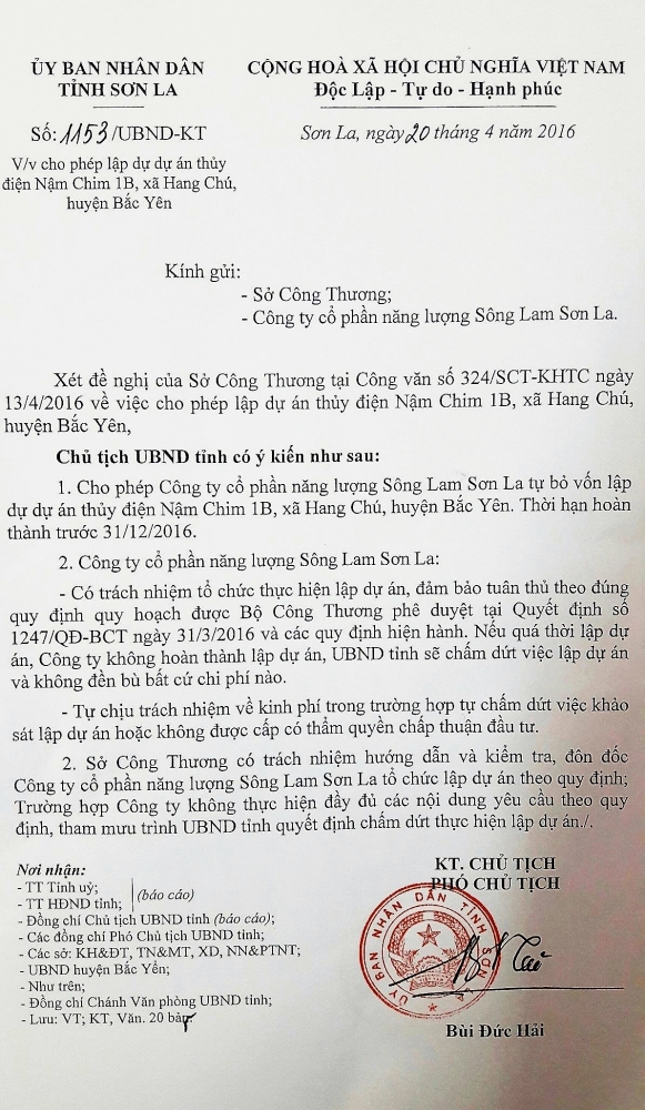 Cong van 1153 cho phep lap du an Nam Chim 1B